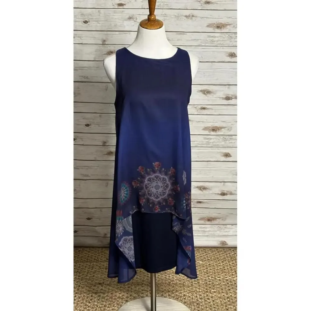 Desigual purple sleeveless chiffon floral lagenlook midi shift dress Size Medium